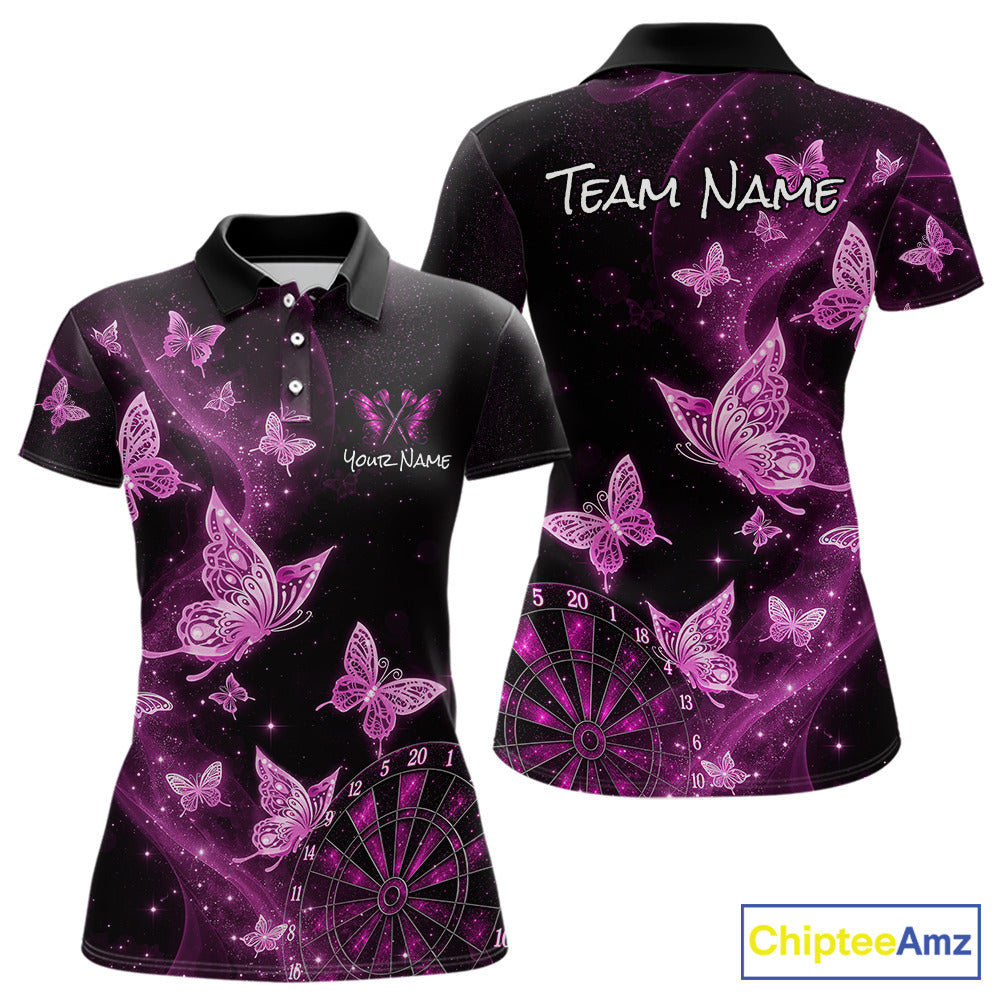 A women's short-sleeve polo shirt shown from the front and back on a white background. The shirt has a black base with a vibrant purple and pink galaxy print featuring glowing butterflies, stars, and a dartboard graphic.