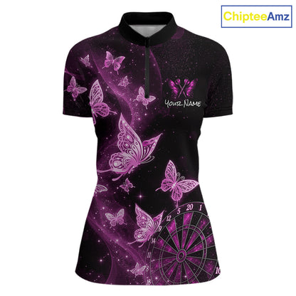 A women's short-sleeve polo shirt with a black base and a vibrant purple and pink butterfly print, featuring a mock neck, a partial zipper, and a customizable name placeholder on the chest. A 'ChipteeAmz' logo is visible in the top right corner.