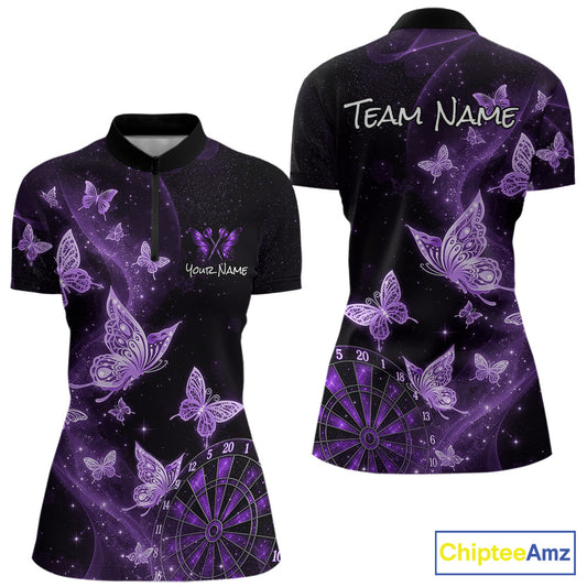 Front and back views of a short-sleeve polo shirt with a black and purple galaxy print featuring butterflies, stars, and dartboard graphics. The front has placeholder text 'Your Name' and 'Team Name' on the back and chest, and a 'ChipteeAmz' logo is visible in the bottom right corner.