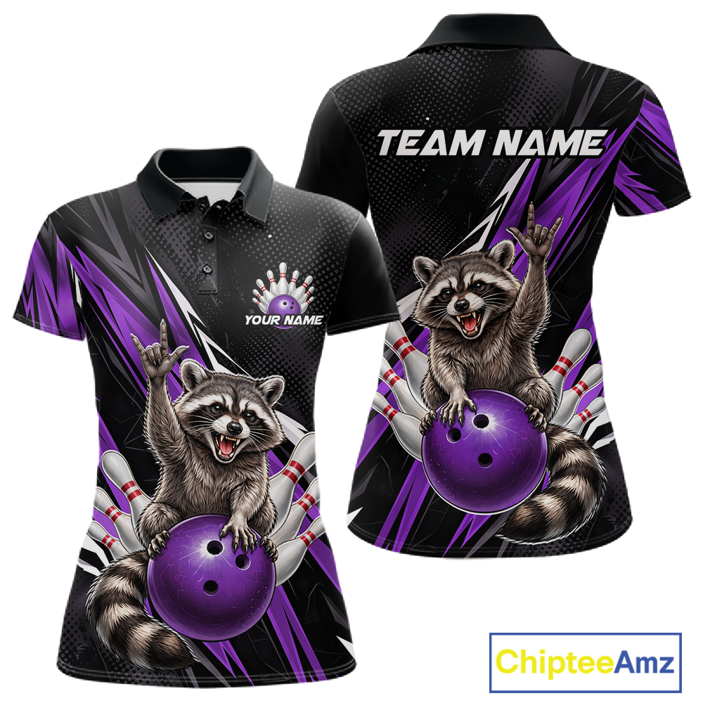 Custom Purple Raccoon Bowling Jersey for Women Bowling Team Shirts Bowling Polo & 1/4 Zip HNT254