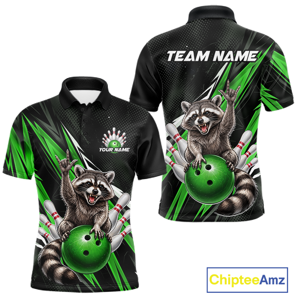 Custom Green Raccoon Bowling Jersey for Men Bowling Team Shirts Bowling Polo & 1/4 Zip HNT254