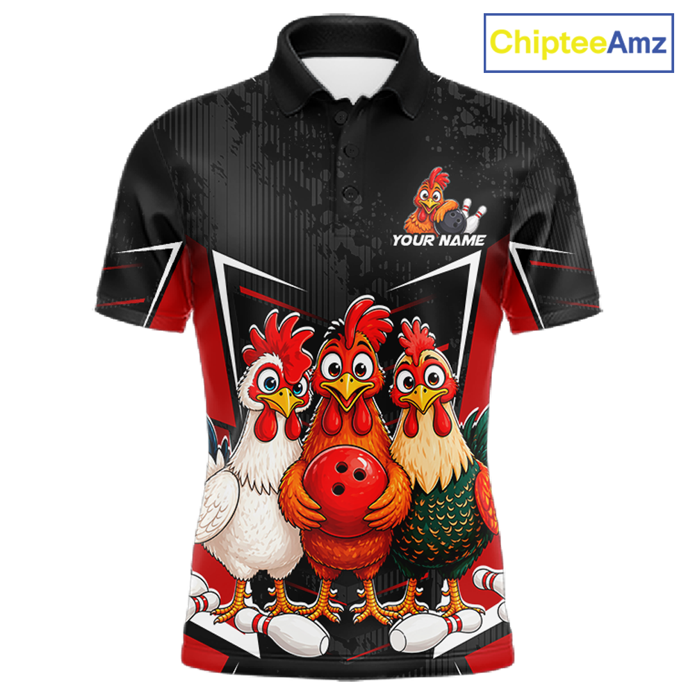 Red Funny Three Chicken Bowling Jersey for Men Bowling League Bowling Team Shirts HN287
