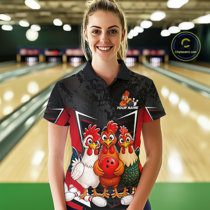 Red Funny Three Chicken Bowling Jersey for Women Bowling League Bowling Team Shirts HN287