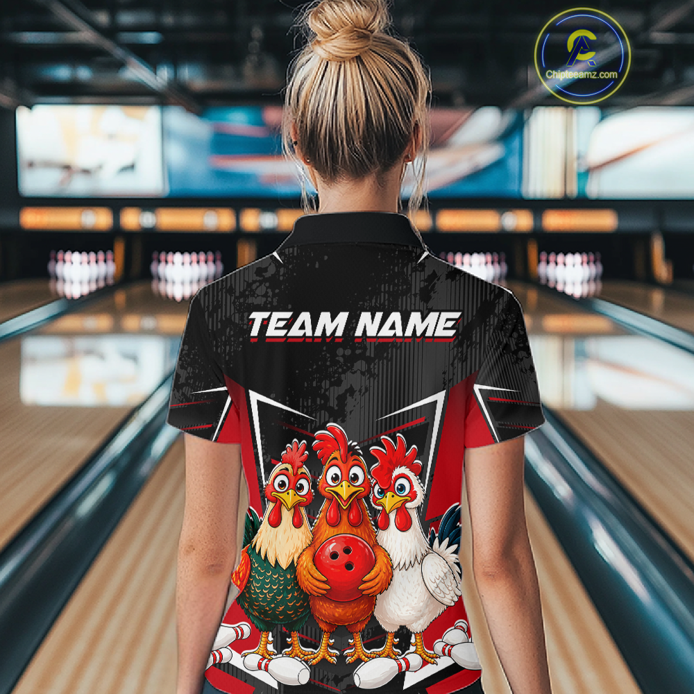 Red Funny Three Chicken Bowling Jersey for Women Bowling League Bowling Team Shirts HN287