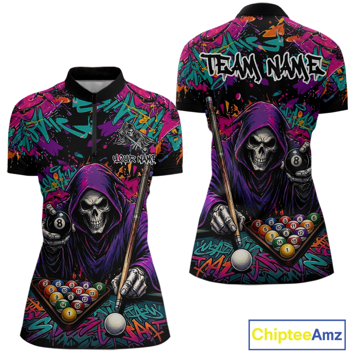 Custom Graffiti Grim Reaper 8 Ball Billiard Shirt for Women Billiard Team Jersey Billiard League NNT186