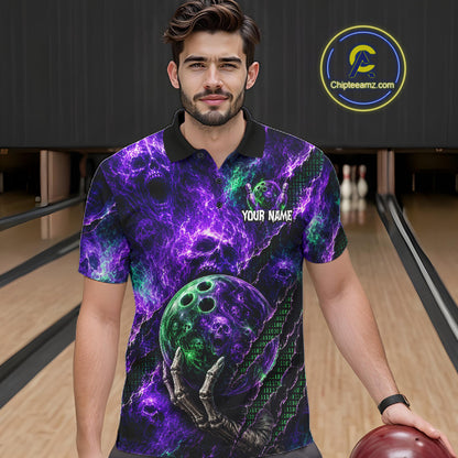 A man wearing a short-sleeve bowling-themed polo shirt with a purple and green cosmic skull design, standing in a bowling alley. The shirt features a skeleton hand holding a bowling ball, skull graphics, and the text 'YOUR NAME'.
