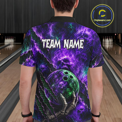 A man viewed from behind wearing a short-sleeve custom bowling shirt with a purple and black lightning design, a green bowling ball graphic, and the text 'TEAM NAME' printed across the back. The background shows bowling lanes, and a circular 'Chipteeamz.