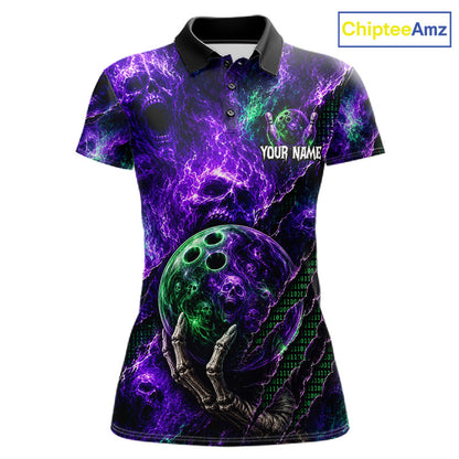 A women's short-sleeve polo shirt with a black collar, featuring a vibrant purple and green cosmic skull print with a skeleton hand holding a bowling ball graphic. The shirt includes a placeholder text 'YOUR NAME' on the chest and a 'ChipteeAmz' logo in the top right corner.