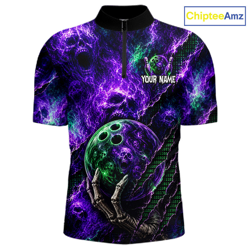 A short-sleeve quarter-zip polo shirt with a dark purple and black neon lightning background, featuring a skeleton hand holding a green skull bowling ball, a skull graphic on the chest, and the text 'YOUR NAME' with a name placeholder. A 'ChipteeAmz' logo is visible in the top right corner.