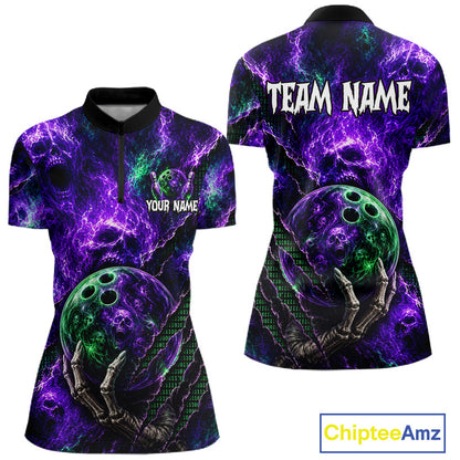 Front and back views of a women's short-sleeve polo shirt featuring a purple and black lightning skull design with green bowling balls and skeleton hands, customizable text placeholders, and a ChipteeAmz logo in the bottom right corner.