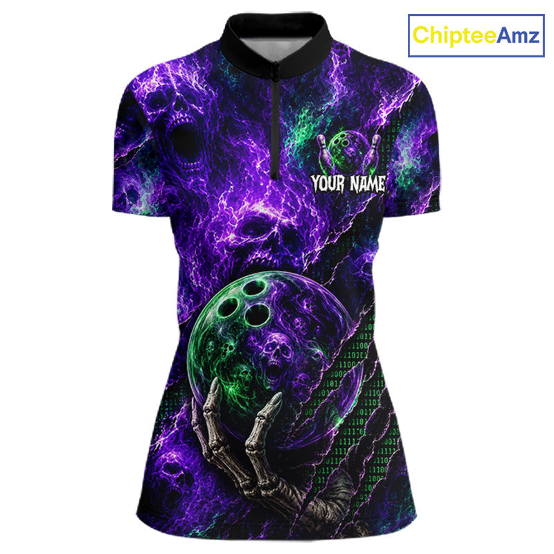 A women's short-sleeve polo shirt with a black collar and half-zip, featuring a vibrant purple and green skull-and-bowling-ball graphic print. The shirt includes a placeholder text 'YOUR NAME' on the chest and a 'ChipteeAmz' logo in the top right corner.