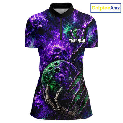 A women's short-sleeve polo shirt with a black collar and half-zip, featuring a vibrant purple and green skull-and-bowling-ball graphic print. The shirt includes a placeholder text 'YOUR NAME' on the chest and a 'ChipteeAmz' logo in the top right corner.