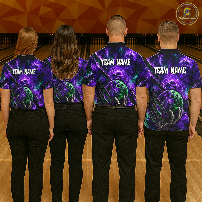 Four people standing in a bowling alley, viewed from behind, wearing matching custom bowling shirts with a purple and green bowling ball graphic and 'TEAM NAME' printed on the back.