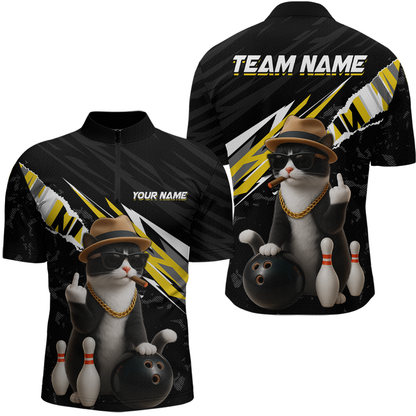 Custom Yellow Funny Cat Bowling Jersey for Men Bowling Shirt Polo & 1/4 Zip Bowling Team Shirts HNT136