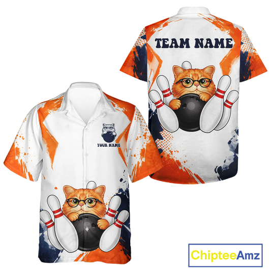 Custom Funny Cat Hawaiian Bowling Jersey for Men Women Bowling Team Shirts Bowling League HNT186