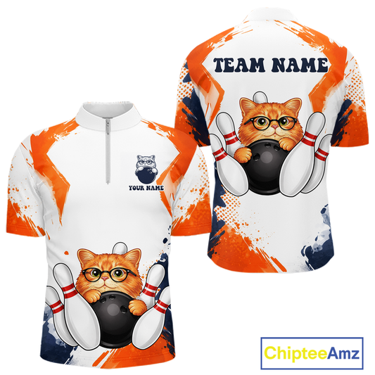Custom Funny Cat Bowling Jersey for Men Bowling Team Shirts Bowling League Polo & 1/4 Zip HNT186