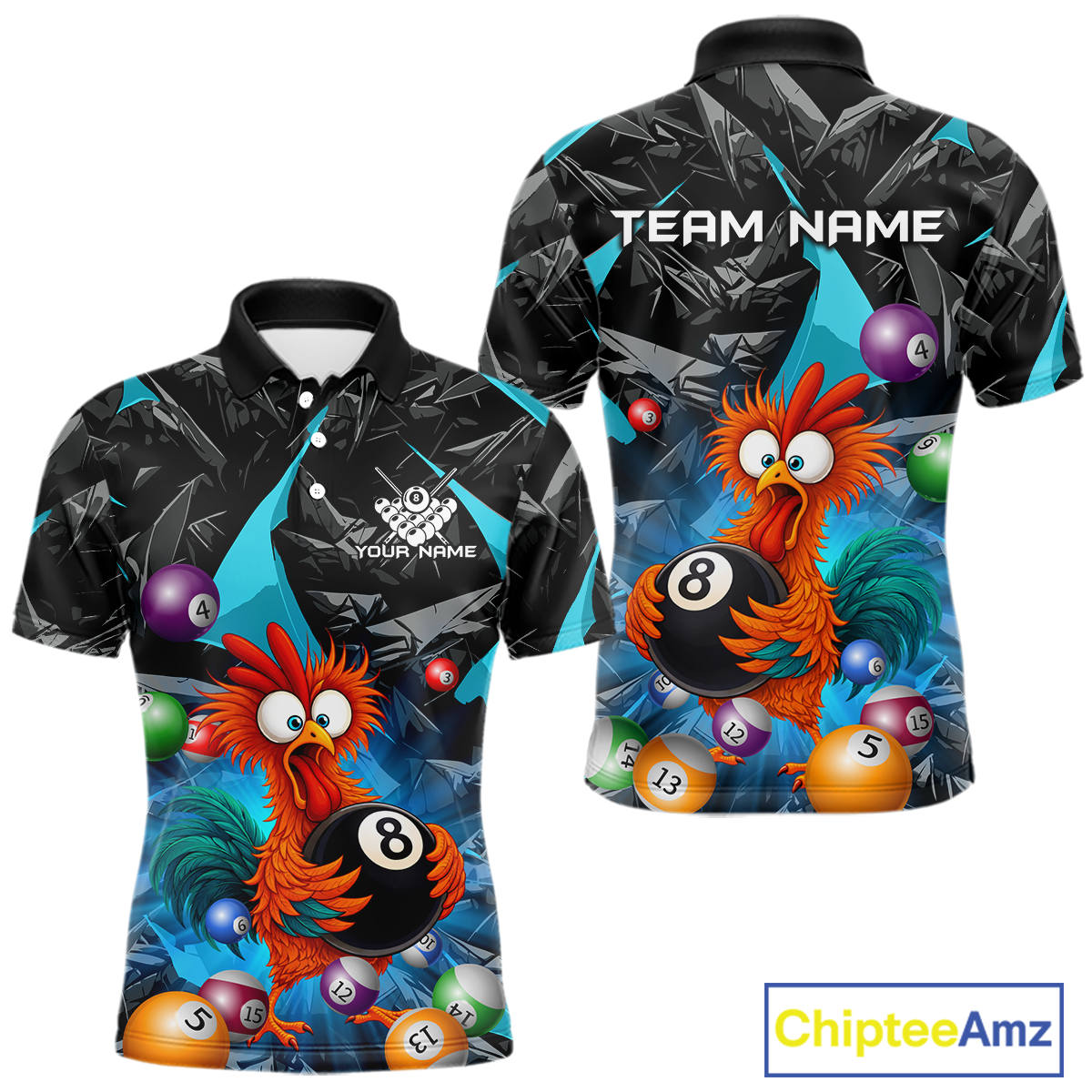 Custom Funny Turquoise Chicken 8 Ball Pool Billiard Shirt for Men Polo & 1/4 Zip, Billiard Team Jerseys NNT148