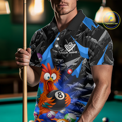 Custom Funny Blue Chicken 8 Ball Pool Billiard Shirt for Men Polo & 1/4 Zip, Billiard Team Jerseys NNT148