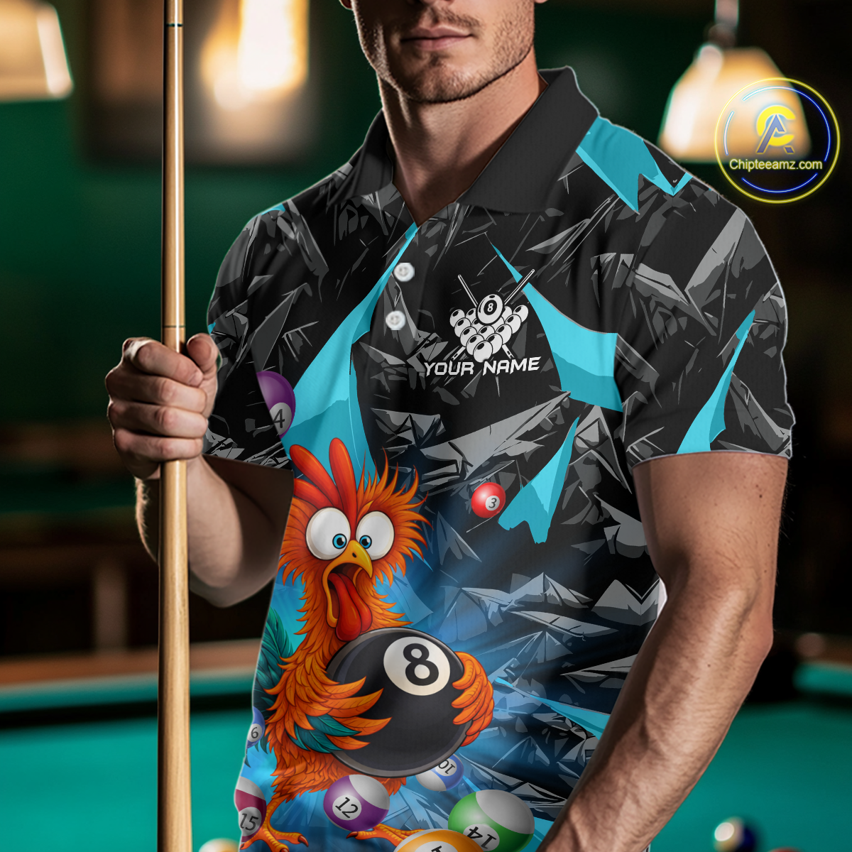 Custom Funny Turquoise Chicken 8 Ball Pool Billiard Shirt for Men Polo & 1/4 Zip, Billiard Team Jerseys NNT148