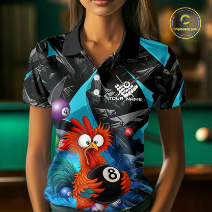Custom Funny Turquoise Chicken 8 Ball Pool Billiard Shirt for Women Polo & 1/4 Zip, Billiard Team Jerseys NNT148