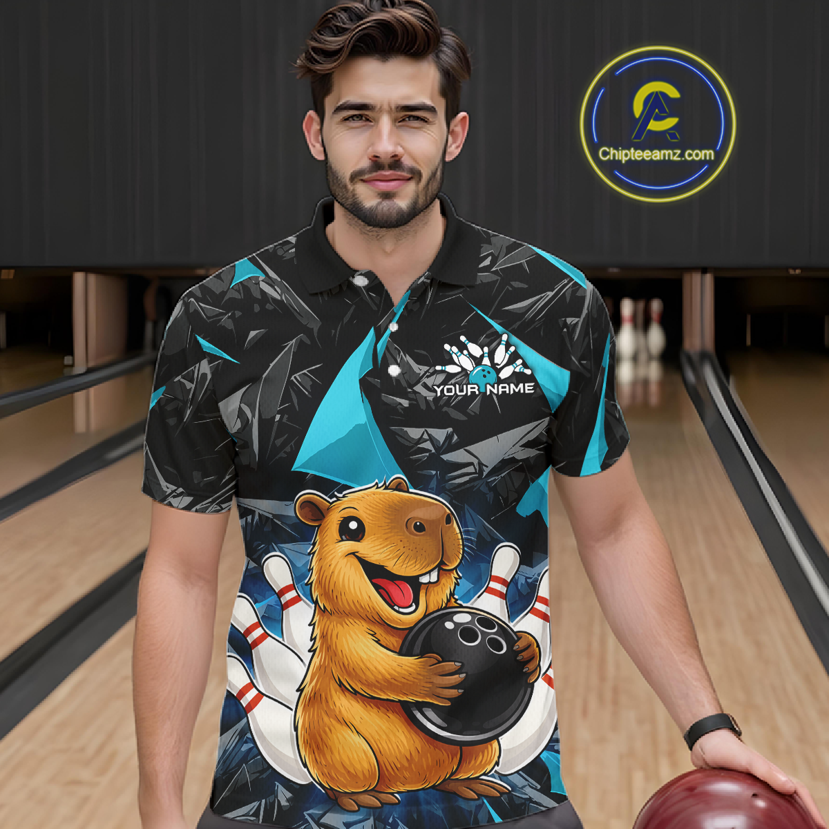 Custom Turquoise Capybara Bowling Jersey for Men Bowling Team Shirts Bowling Polo & 1/4 Zip HNT255