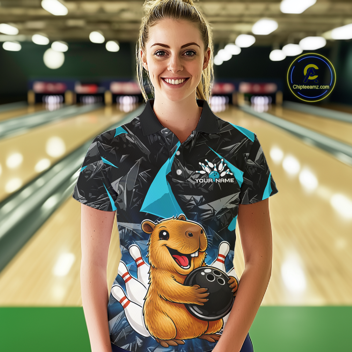 Custom Turquoise Capybara Bowling Jersey for Women Bowling Team Shirts Bowling Polo & 1/4 Zip HNT255