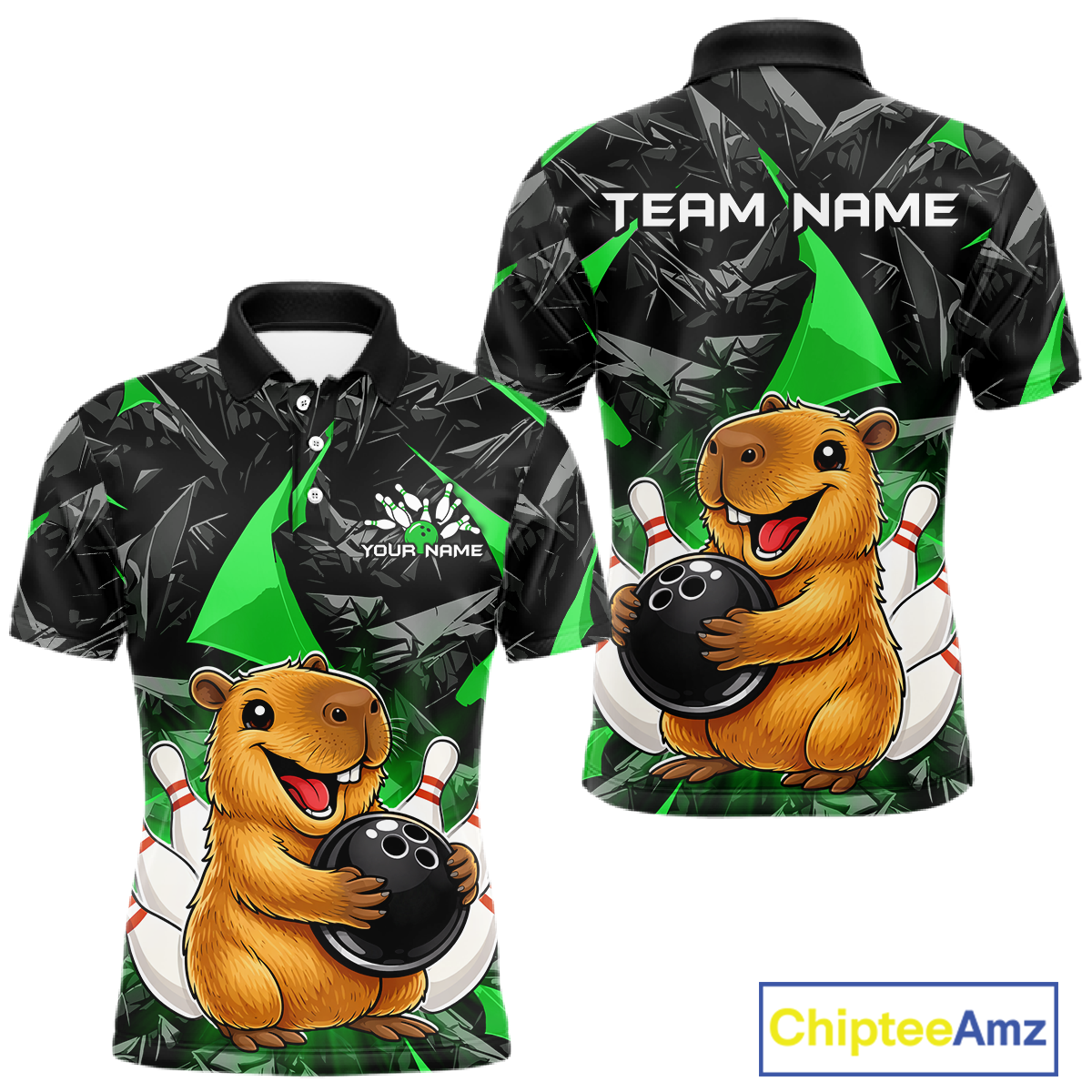 Custom Green Capybara Bowling Jersey for Men Bowling Team Shirts Bowling Polo & 1/4 Zip HNT255