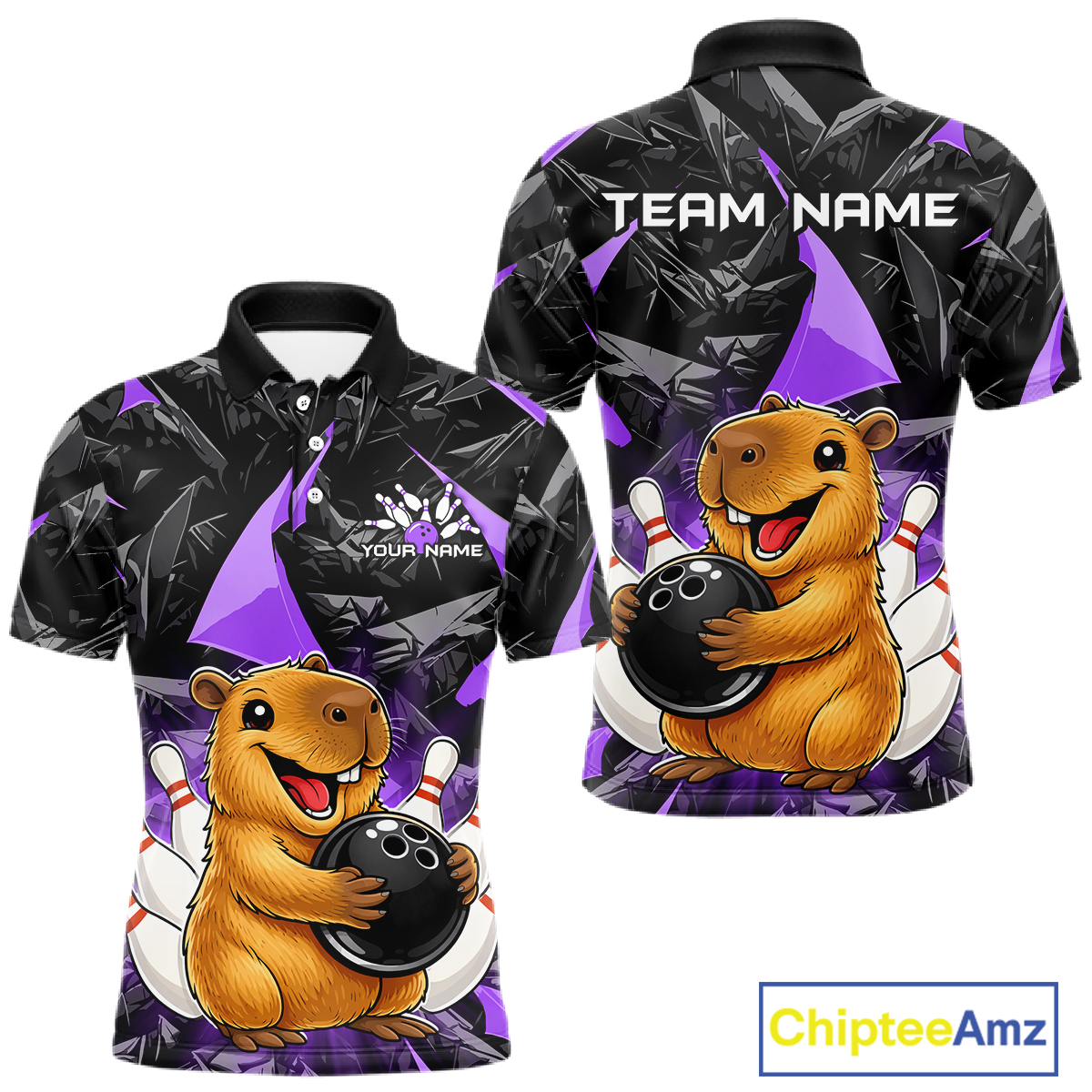 Custom Purple Capybara Bowling Jersey for Men Bowling Team Shirts Bowling Polo & 1/4 Zip HNT255