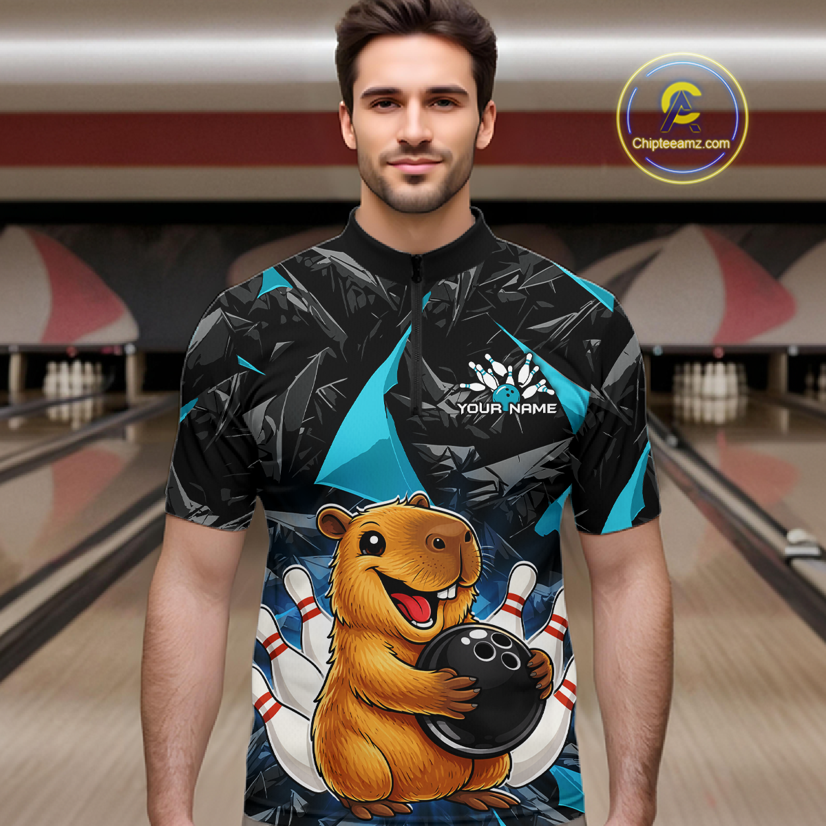 Custom Turquoise Capybara Bowling Jersey for Men Bowling Team Shirts Bowling Polo & 1/4 Zip HNT255