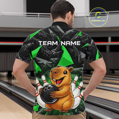 Custom Green Capybara Bowling Jersey for Men Bowling Team Shirts Bowling Polo & 1/4 Zip HNT255