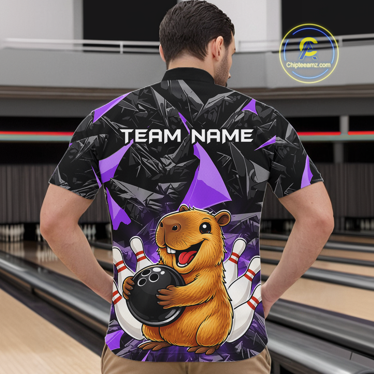 Custom Purple Capybara Bowling Jersey for Men Bowling Team Shirts Bowling Polo & 1/4 Zip HNT255