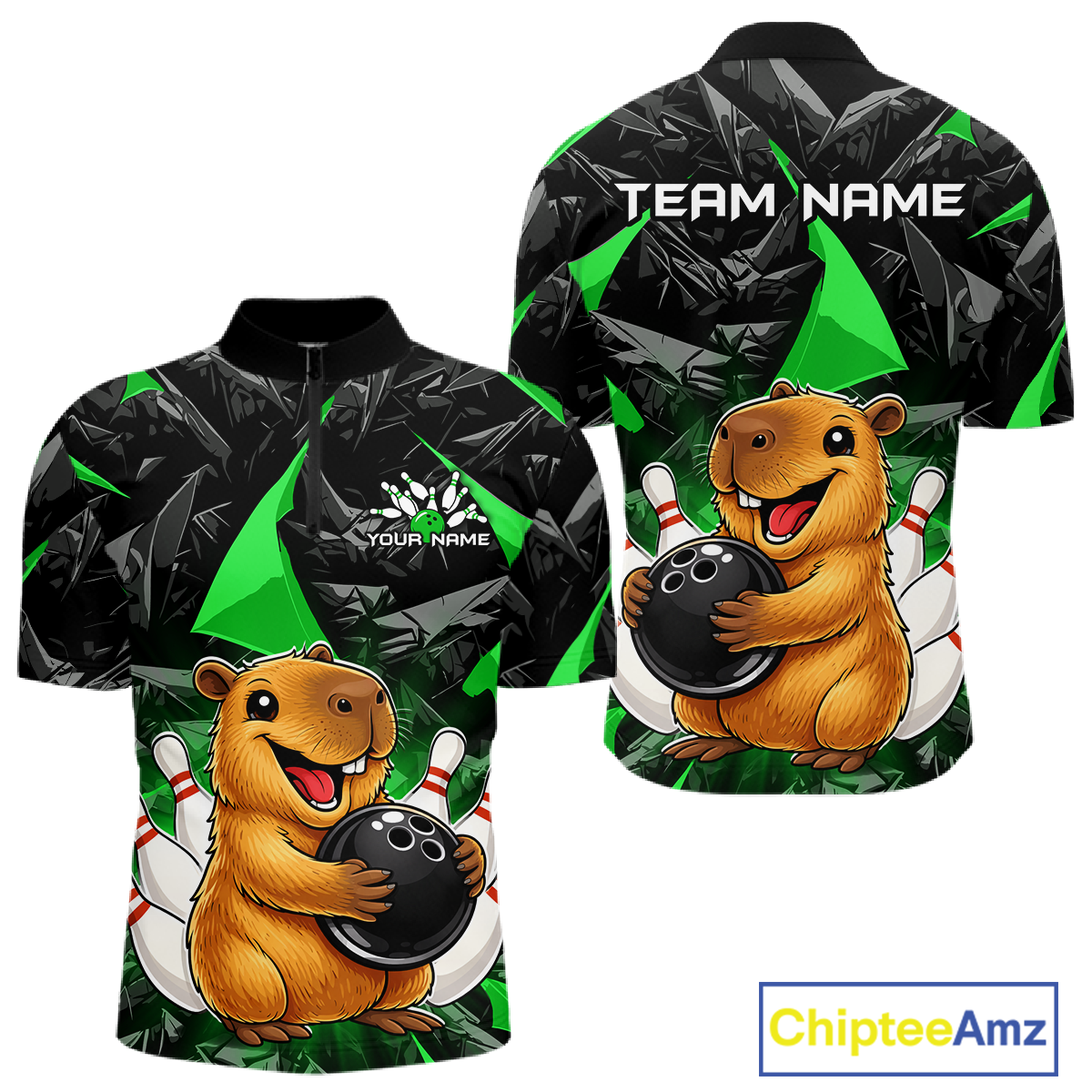 Custom Green Capybara Bowling Jersey for Men Bowling Team Shirts Bowling Polo & 1/4 Zip HNT255