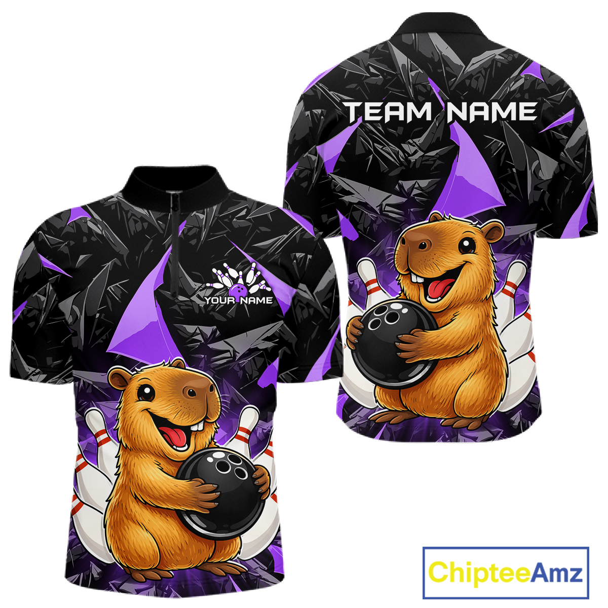 Custom Purple Capybara Bowling Jersey for Men Bowling Team Shirts Bowling Polo & 1/4 Zip HNT255