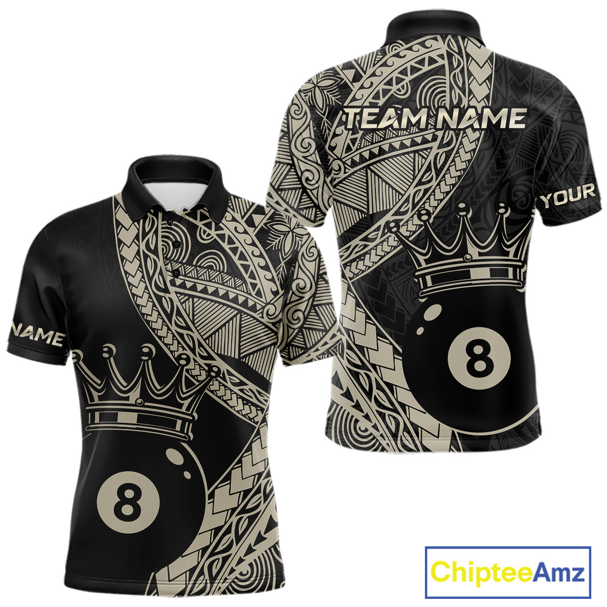 Men’s fitted polo dress in black and gold tones with layered Polynesian-style designs, abstract geometric textures, and a large crowned 8-ball centerpiece.