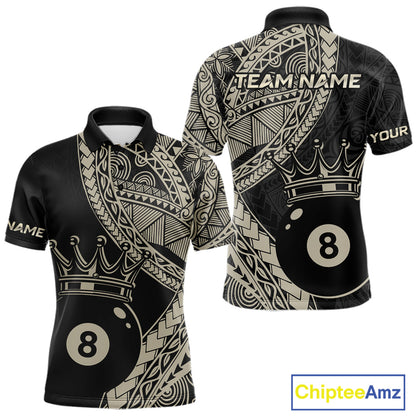 Men’s fitted polo dress in black and gold tones with layered Polynesian-style designs, abstract geometric textures, and a large crowned 8-ball centerpiece.