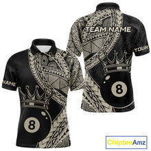 Load image into Gallery viewer, Men’s fitted polo dress in black and gold tones with layered Polynesian-style designs, abstract geometric textures, and a large crowned 8-ball centerpiece.