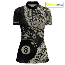Load image into Gallery viewer, Women’s fitted quarter zip dress in black and gold tones with layered Polynesian-style designs, abstract geometric textures, and a large crowned 8-ball centerpiece.