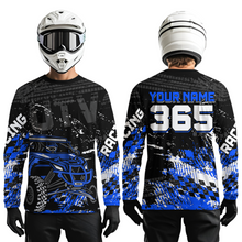Load image into Gallery viewer, Men wearing personalized racing shirt with an off-road vehicle integrated into tire track patterns, racing graphics, and custom name details.