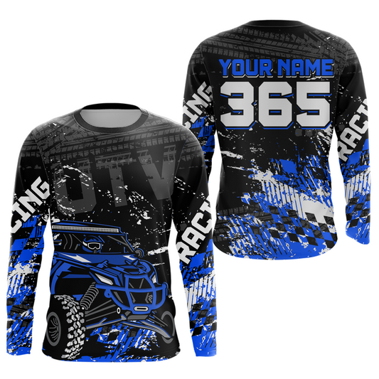 Front and back view personalized racing shirt with an off-road vehicle integrated into tire track patterns, racing graphics, and custom name details.
