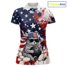 Load image into Gallery viewer, Polo shirt with American flag design and cat bowling graphic, brand 'ChipteeAmz' visible.