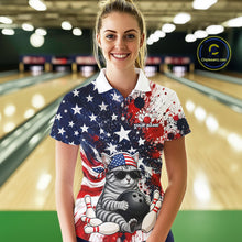 Load image into Gallery viewer, Woman wearing a colorful bowling shirt with a cat design in a bowling alley.