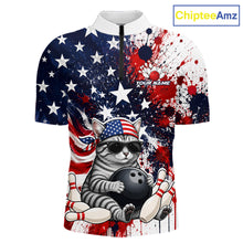 Load image into Gallery viewer, Shirt with a cat holding a bowling ball and American flag design, branded 'ChipteeAmz'.