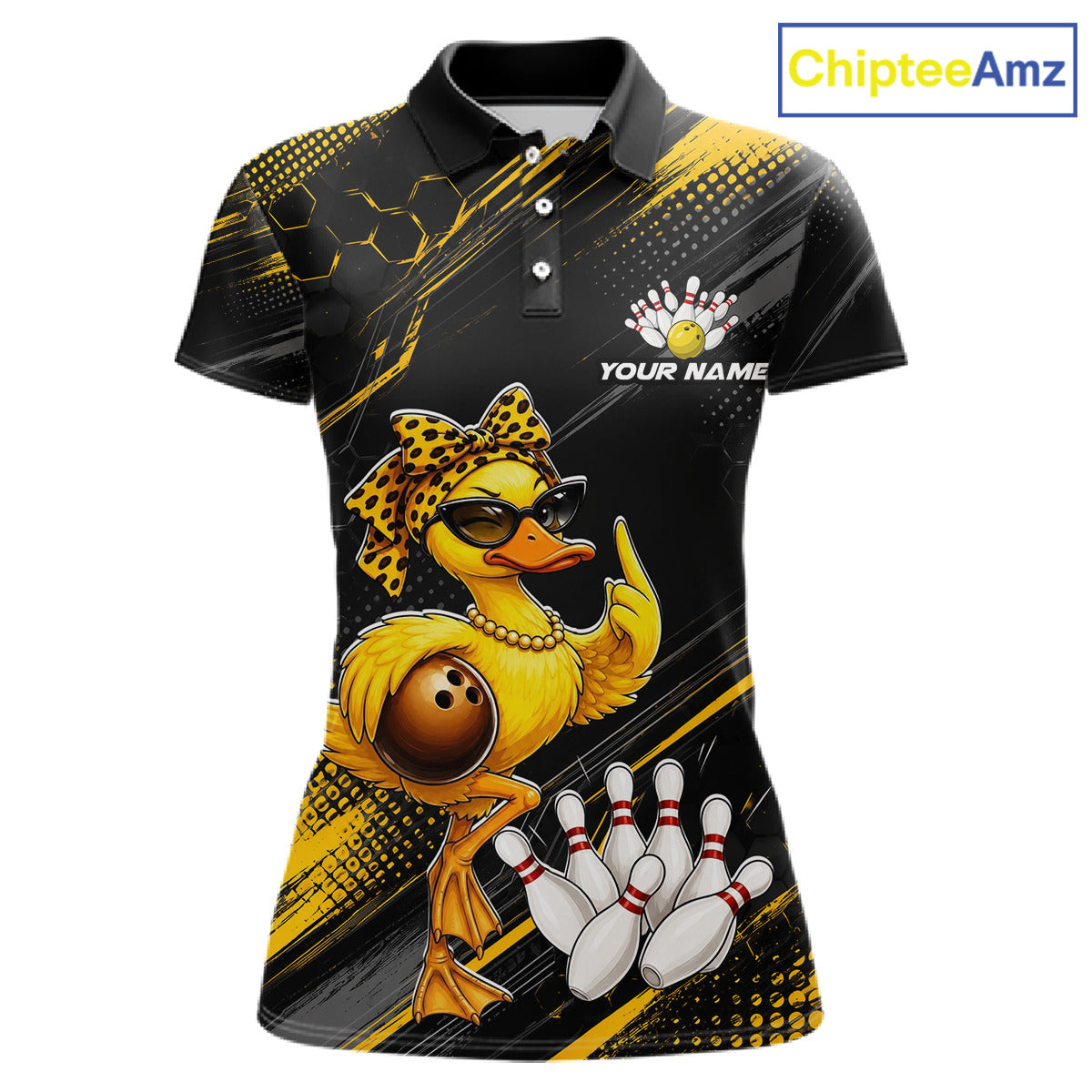 Black and yellow bowling-themed polo shirt with a duck design, featuring the brand 'ChipteeAmz'.