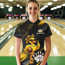 Load image into Gallery viewer, Woman wearing a custom bowling shirt with a duck design in a bowling alley.