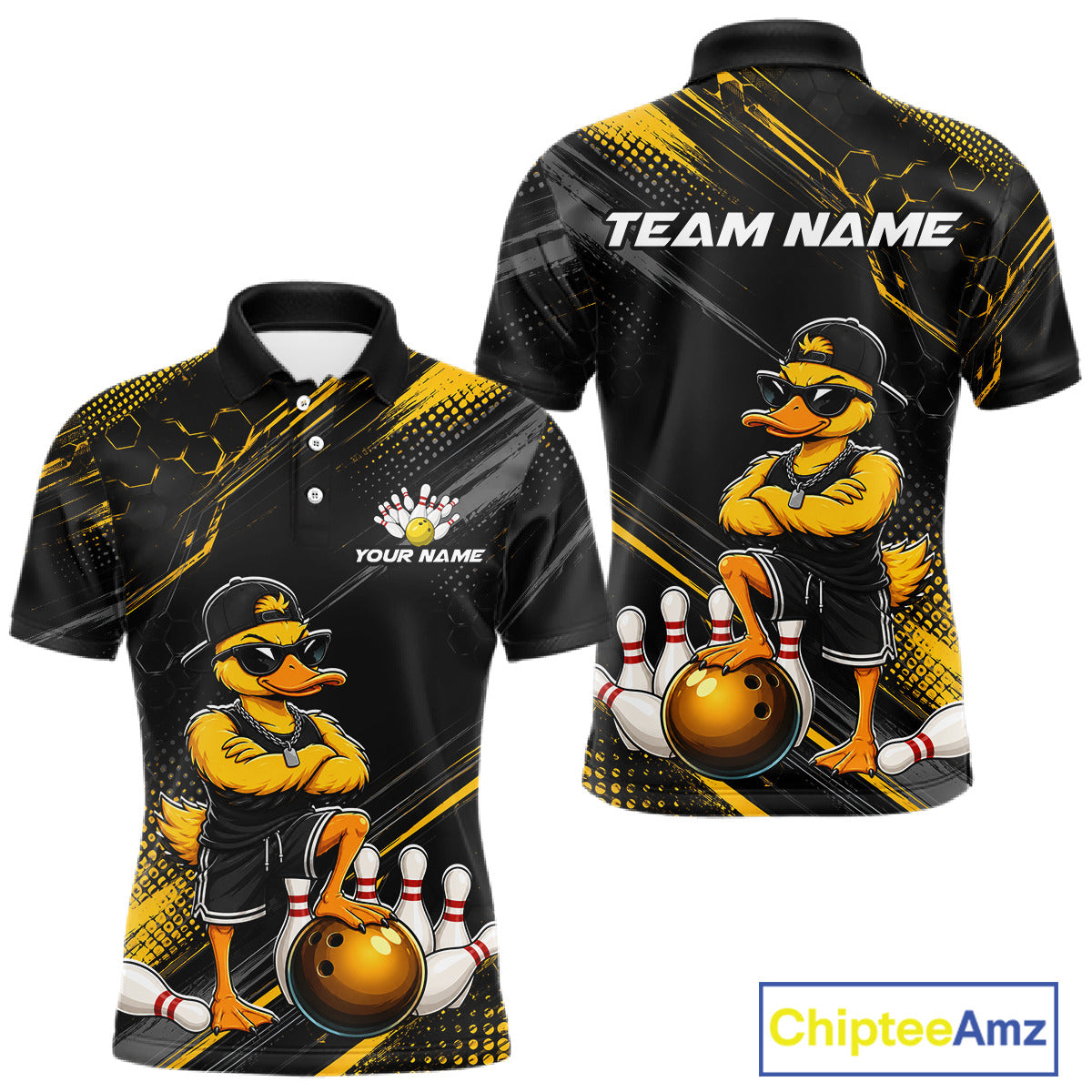 Bowling-themed polo shirt with duck character and customizable text on a white background
