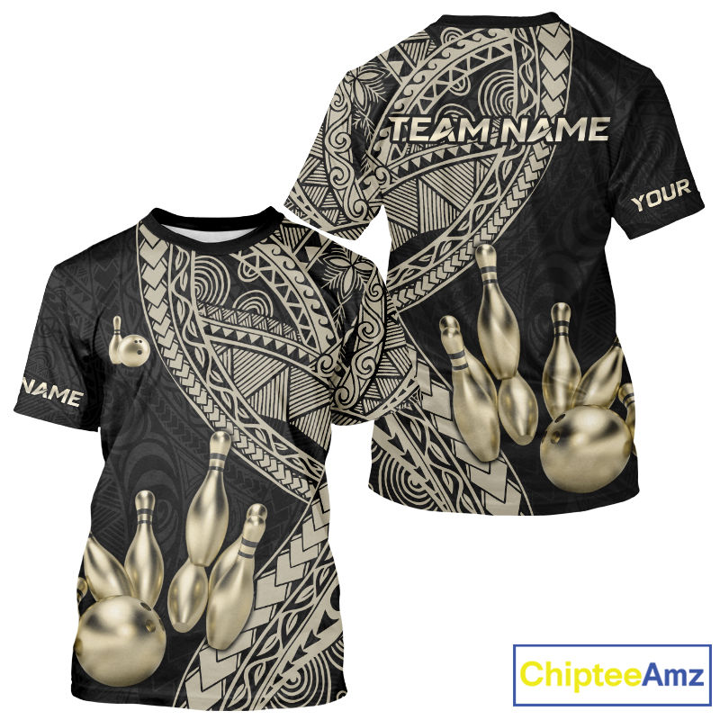 Bowling-themed t-shirt with tribal design and customizable text on a white background