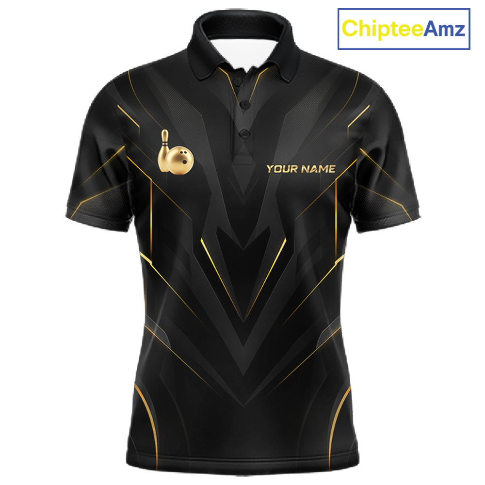 Front views of a sleek black bowling polo shirt with gold geometric accents, featuring custom “YOUR NAME” text alongside metallic gold bowling pin graphics.