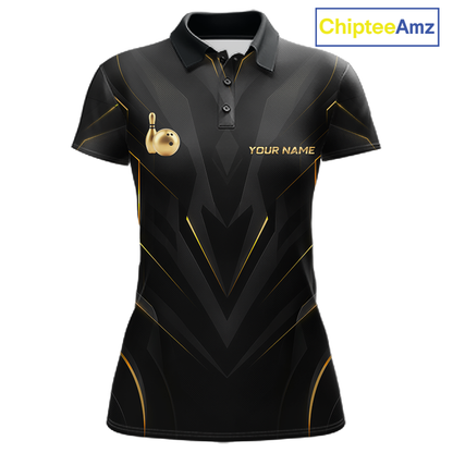 Front views of a sleek black bowling polo shirt with gold geometric accents, featuring custom “YOUR NAME” text alongside metallic gold bowling pin graphics.