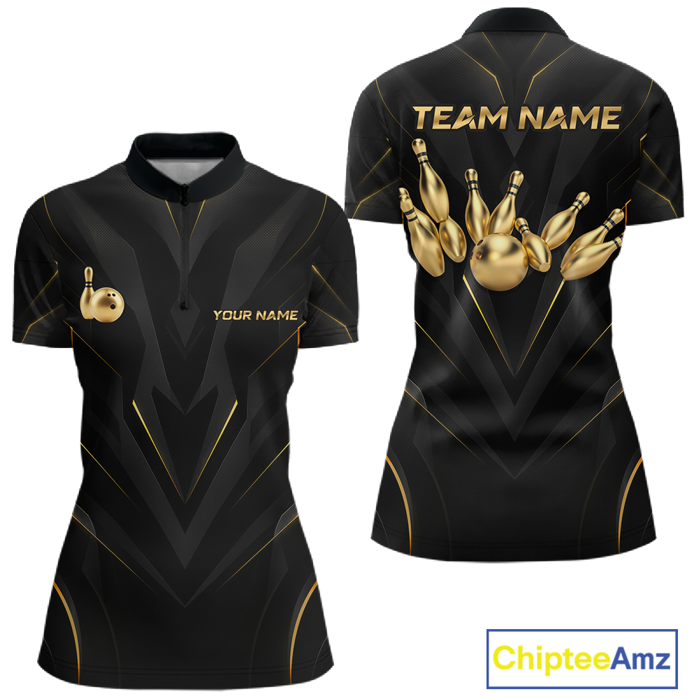 Front and back views of a sleek black bowling quarter zip shirt with gold geometric accents, featuring custom “TEAM NAME” and “YOUR NAME” text alongside metallic gold bowling pin graphics.