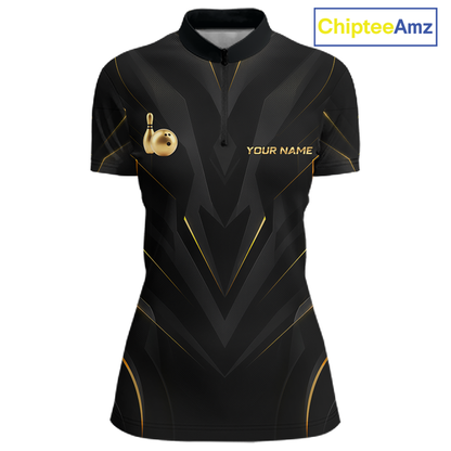 Front views of a sleek black bowling quarter zip shirt with gold geometric accents, featuring custom “YOUR NAME” text alongside metallic gold bowling pin graphics.